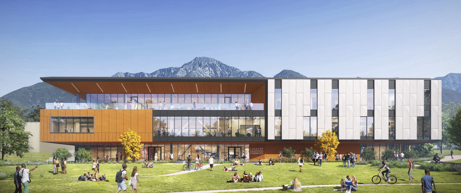 Exterior view featuring biophilic design elements, such as merged indoor and outdoor study areas, framed views of the San Gabriel mountains and in the landscape design, and well-distributed daylight throughout