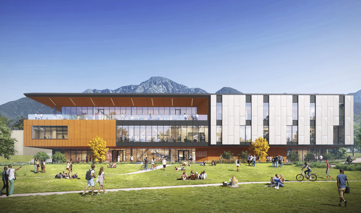 Exterior view featuring biophilic design elements, such as merged indoor and outdoor study areas, framed views of the San Gabriel mountains and in the landscape design, and well-distributed daylight throughout