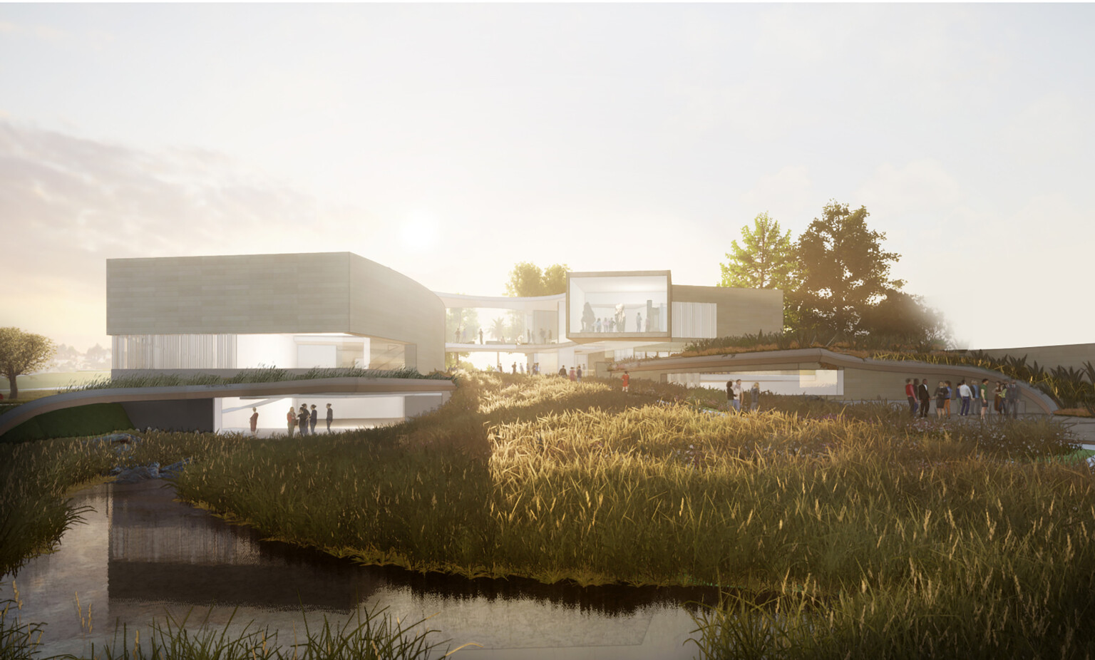 Rendering of a modern museum building surrounded by greenery bustling with people