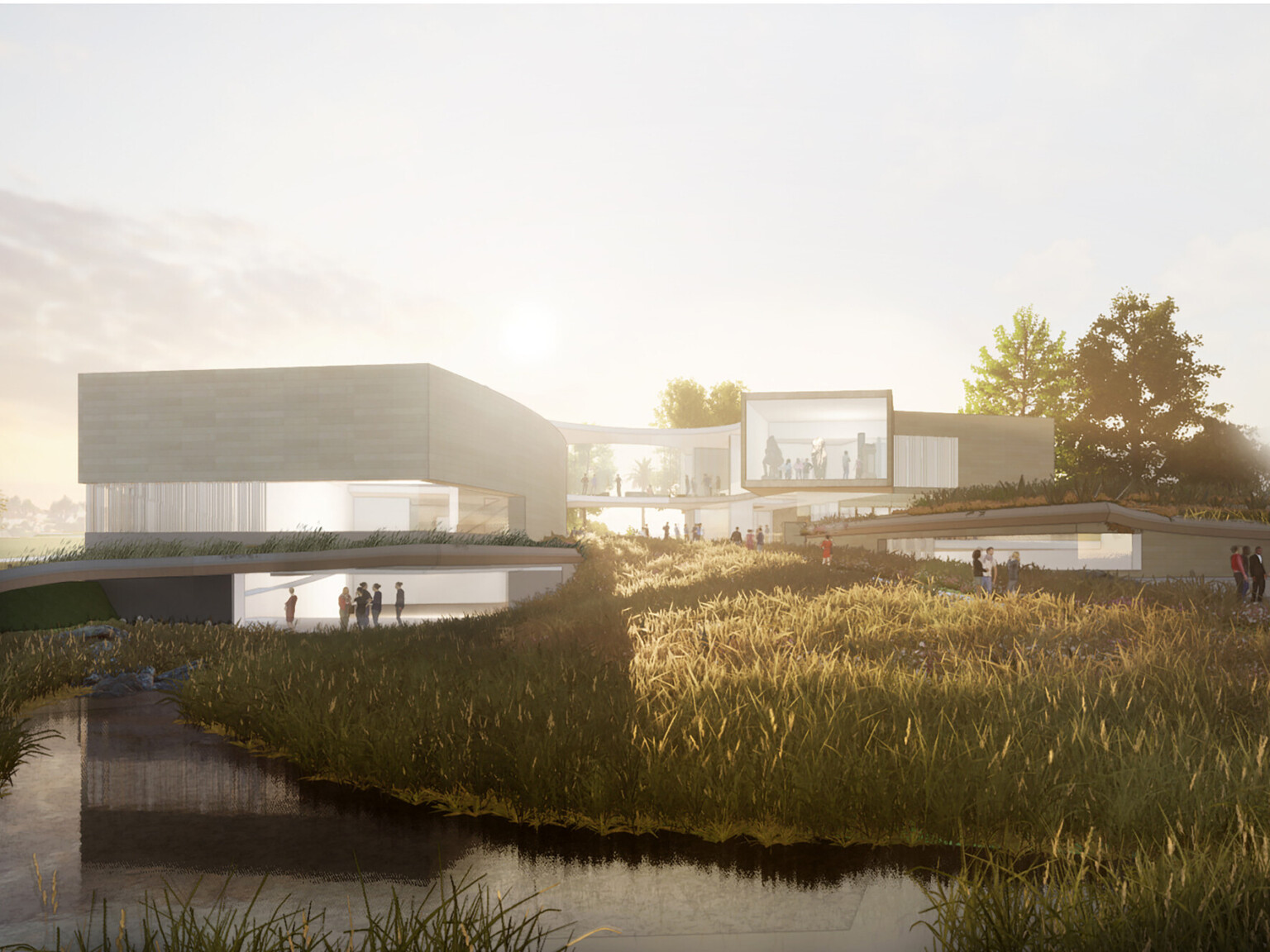 Rendering of a modern building surrounded by greenery bustling with people Rendering of a modern building surrounded by greenery bustling with people