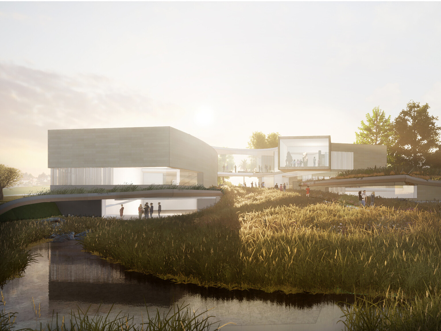 Rendering of a modern museum building surrounded by greenery bustling with people