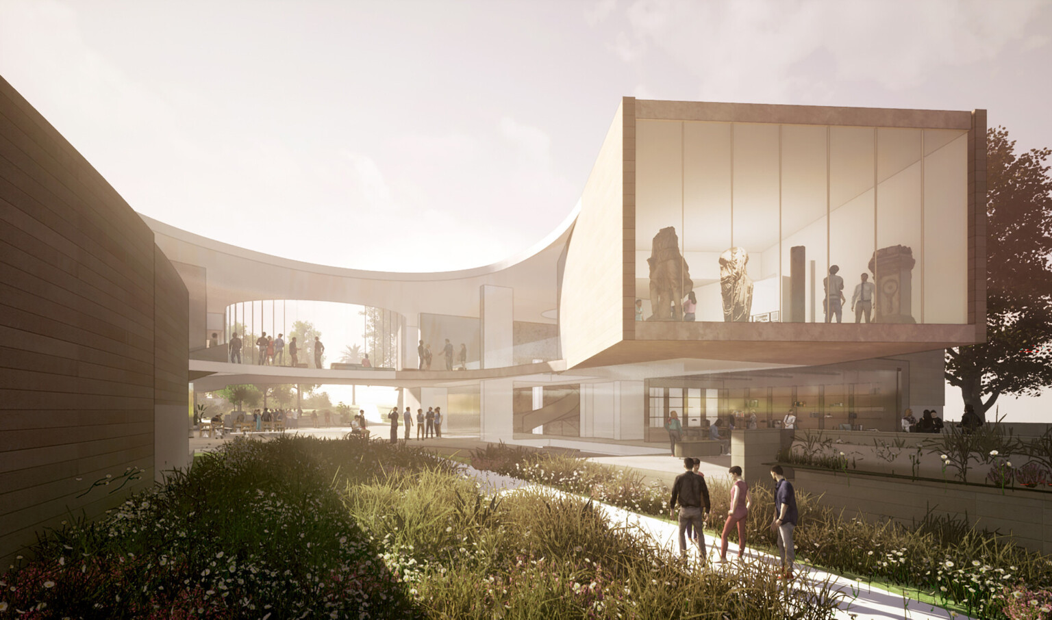 Rendering of a modern building courtyard with lush greenery bustling with people Rendering of a modern building courtyard with lush greenery bustling with people