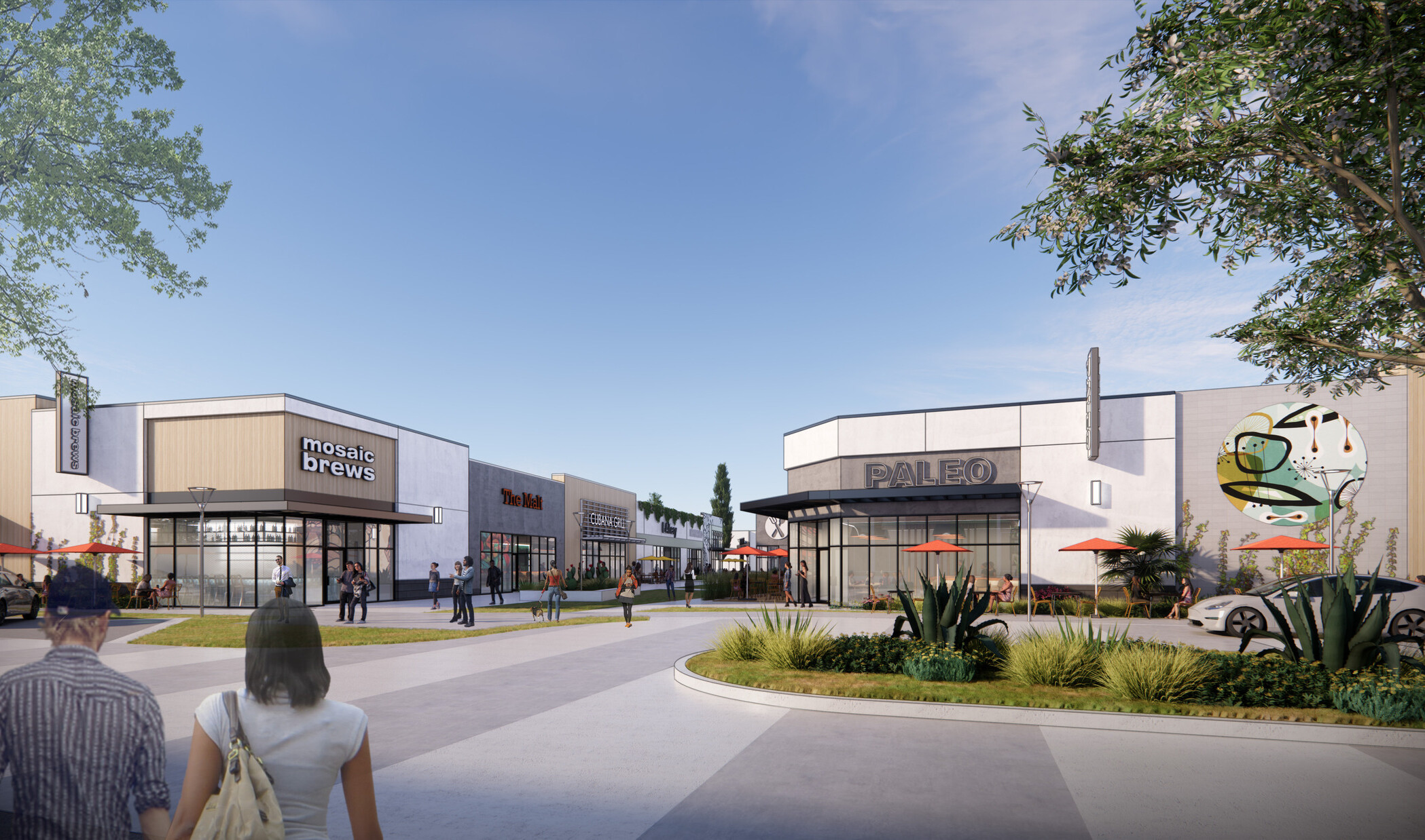 Rendering of The Walk in Norwalk showing a pedestrian corridor between retail buildings, with people walking along paths edged in native landscaping and simple, mid-century–inspired architecture.