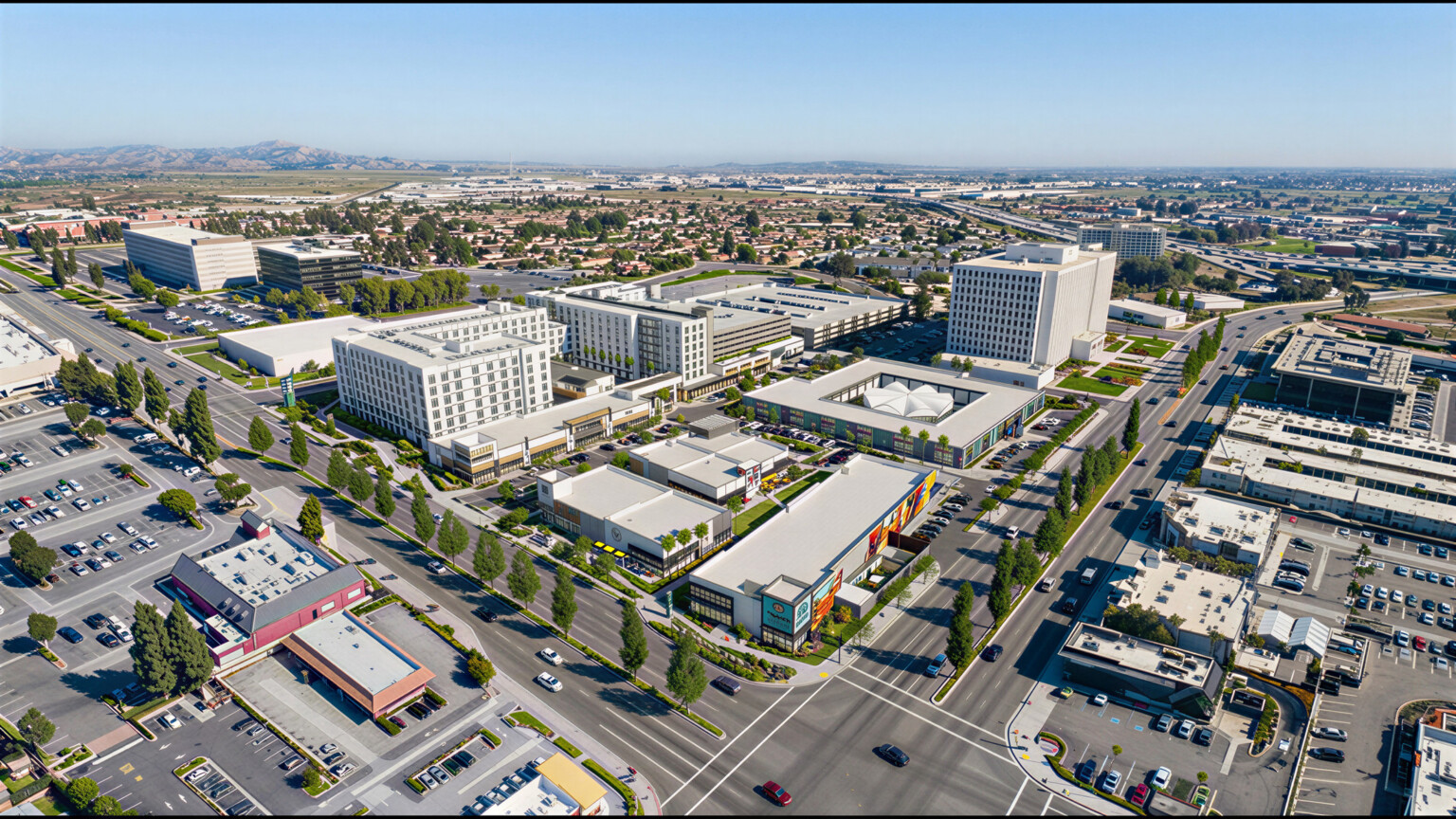 aerial view of a shopping center architectural rendering; busy streets, workplace and retail surround