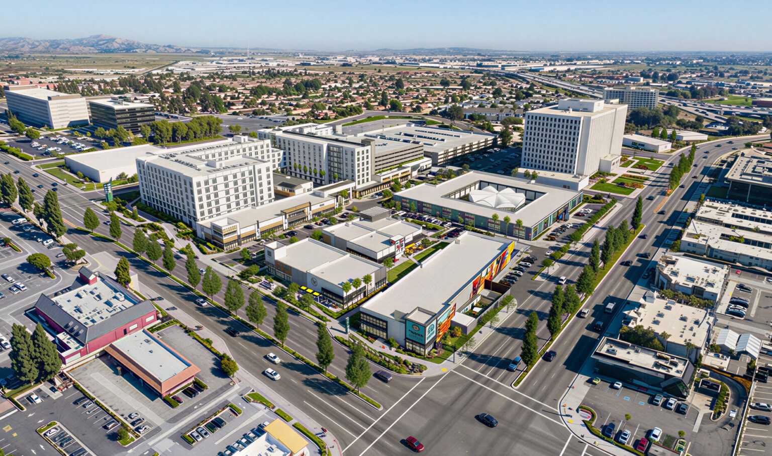 aerial view of a shopping center architectural rendering; busy streets, workplace and retail surround
