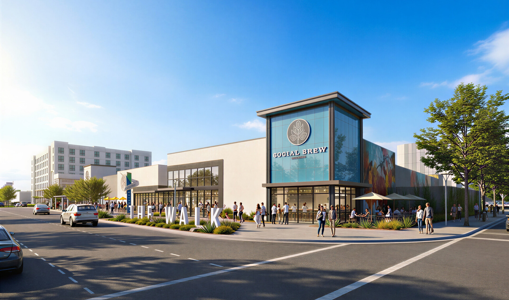 rendering of a mixed use development entrance with multi-storied and facade building