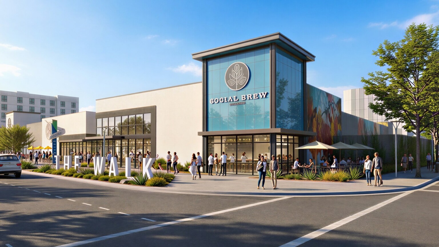 rendering of a mixed use development entrance with multi-storied and facade building