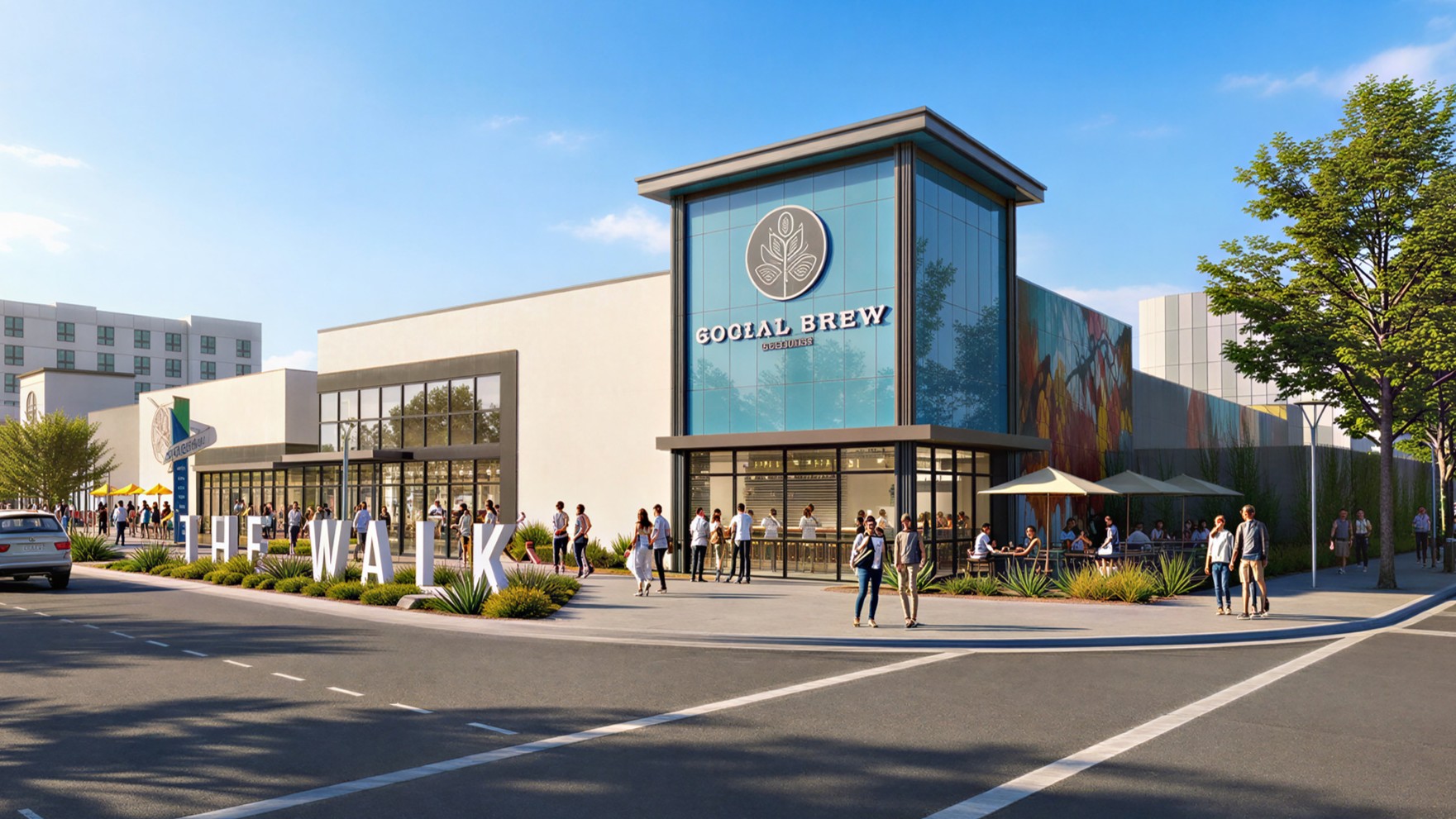 rendering of a mixed use development entrance with multi-storied and facade building