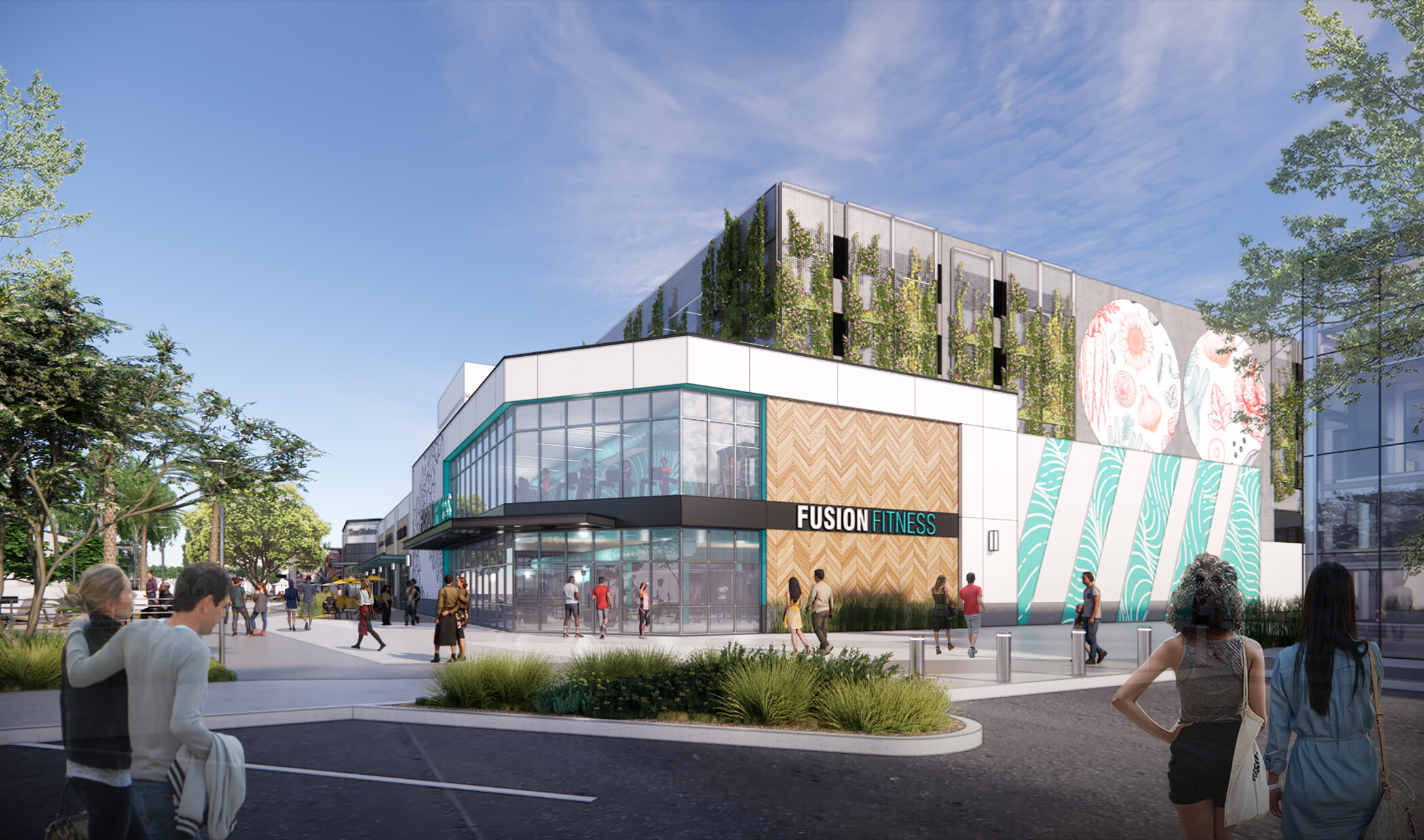 rendering of a mixed use development entrance with multi-storied and facade building