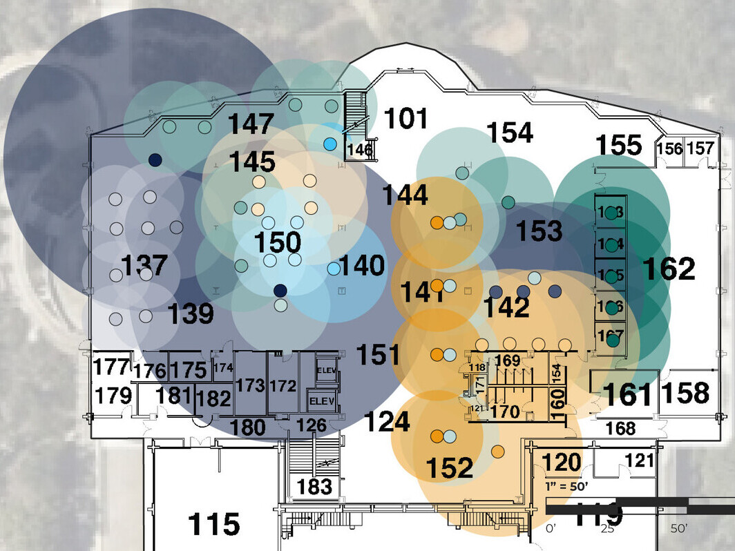 Diagram showing how different study, seating, and collaboration spaces are used within a library or learning commons floor plan