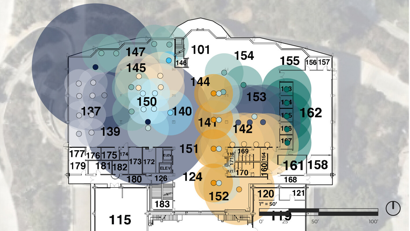 Diagram showing how different study, seating, and collaboration spaces are used within a library or learning commons floor plan