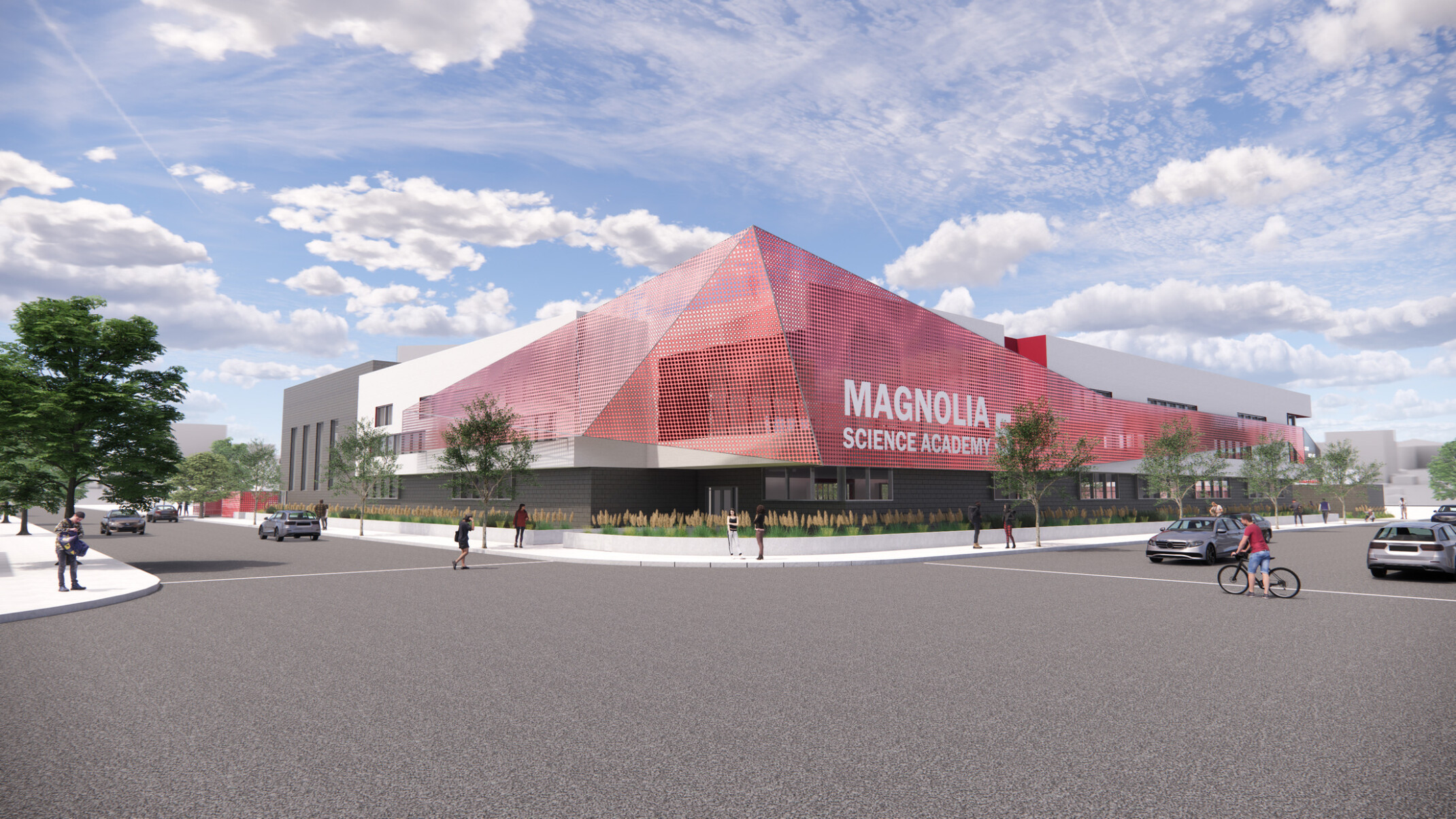 Rendering of Magnolia Science Academy 5 showing a building with modern red awning