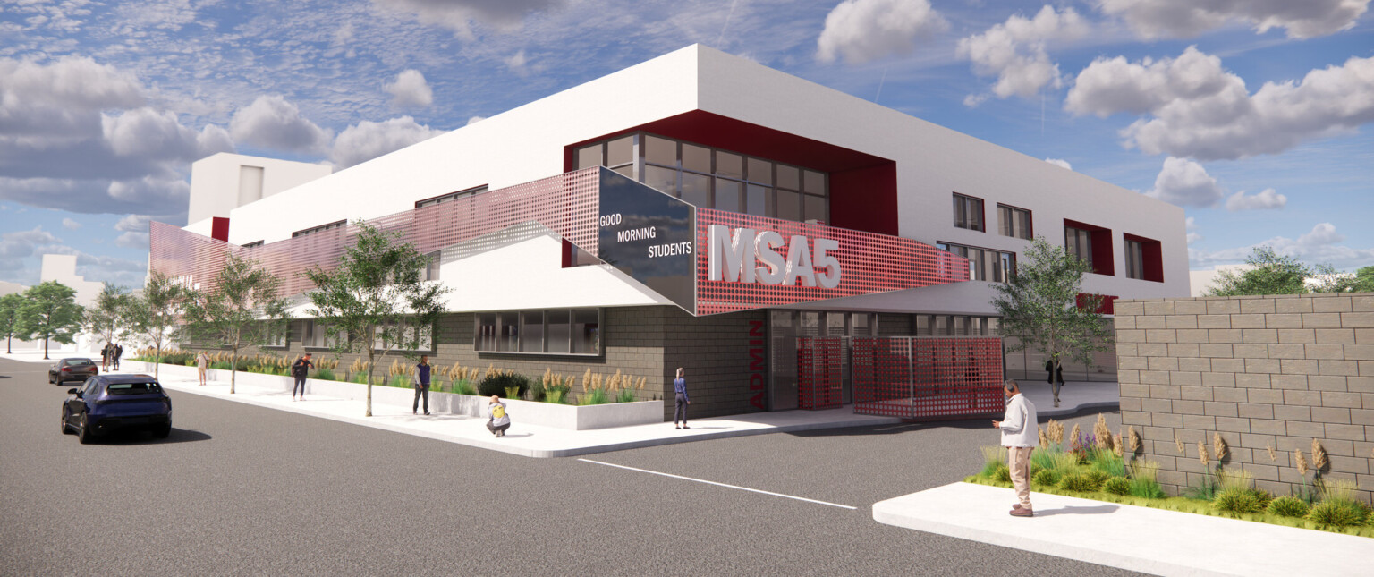 Rendering of Magnolia Science Academy 5 showing a white building with modern red awning with white letters MSA5