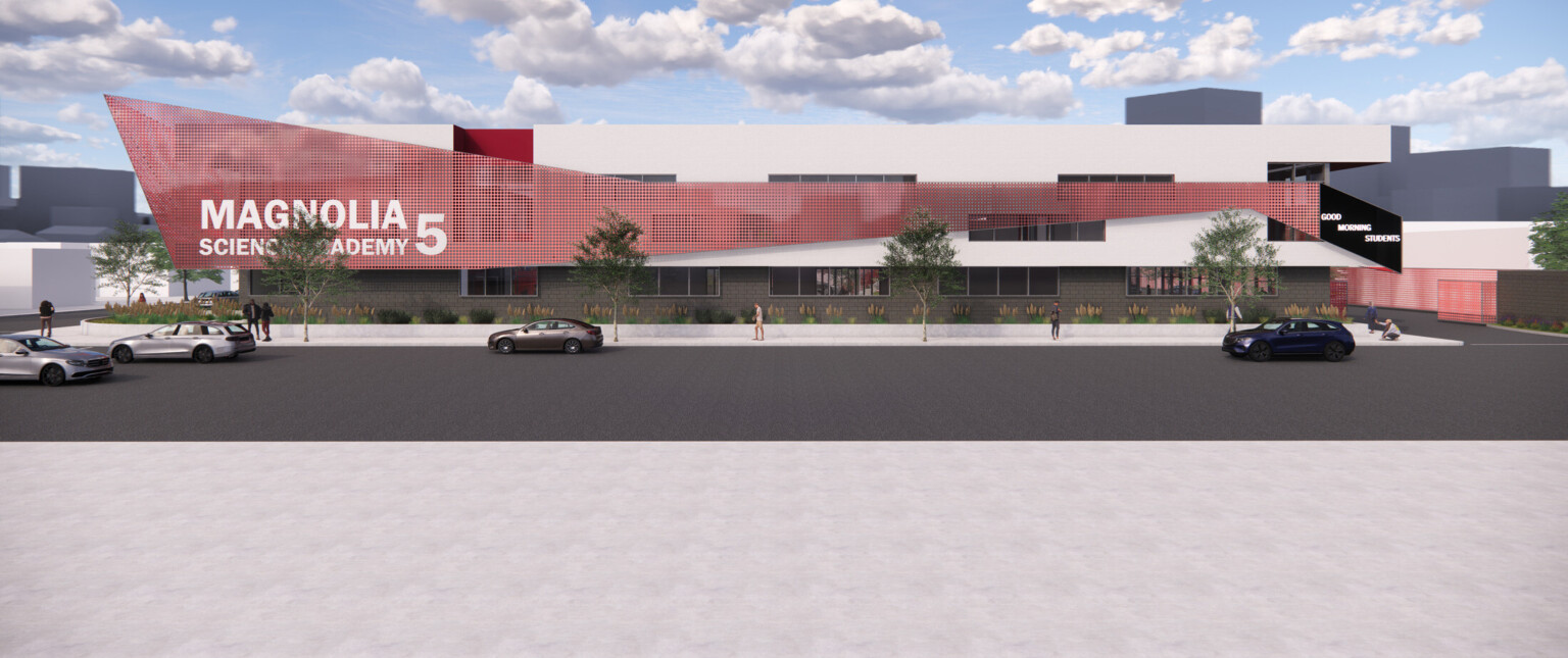 Rendering of Magnolia Science Academy 5 showing a white building with modern red awning