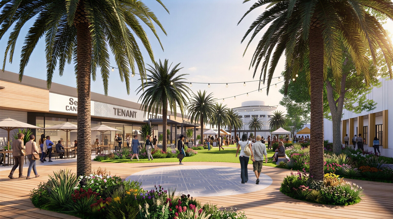Design rendering for Grossmont Center, a new mixed-use development in California; palm trees fill courtyard with promenade of stores