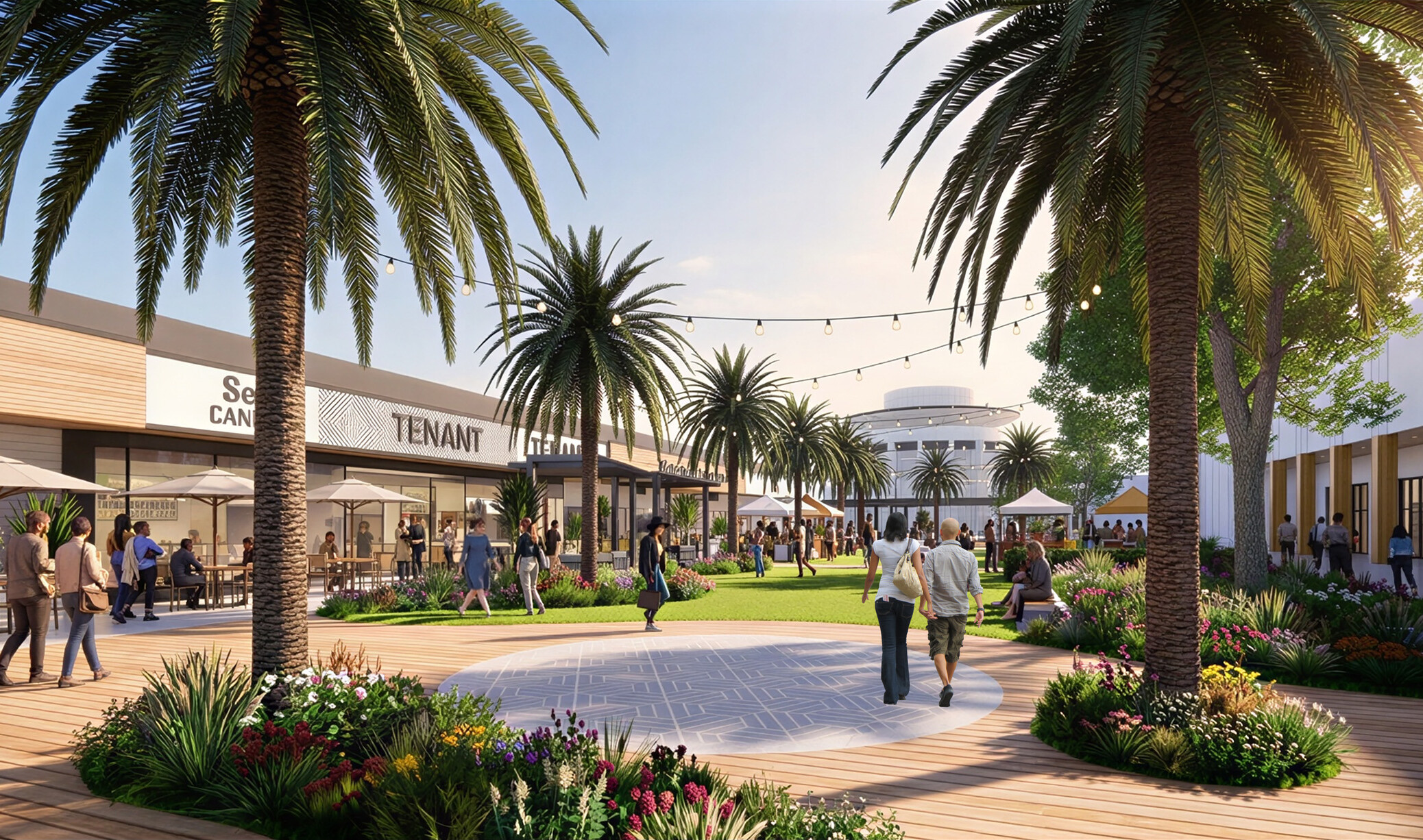 Design rendering for Grossmont Center, a new mixed-use development in California; palm trees fill courtyard with promenade of stores
