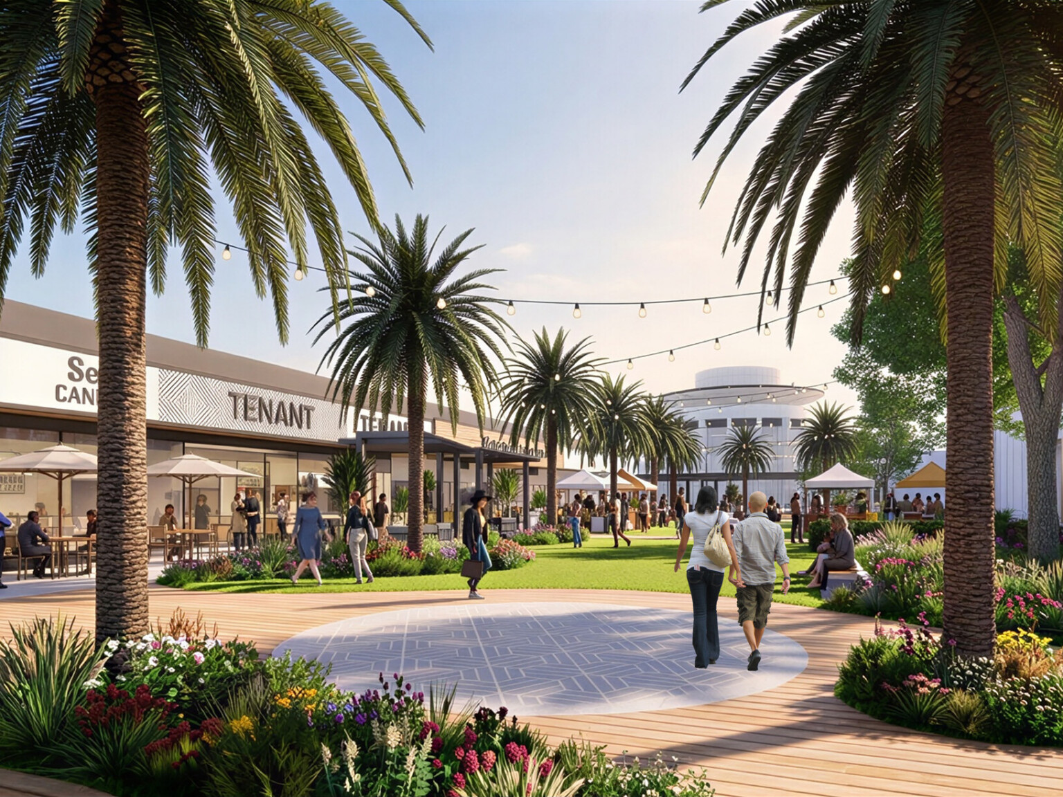 Design rendering for Grossmont Center, a new mixed-use development in California; palm trees fill courtyard with promenade of stores