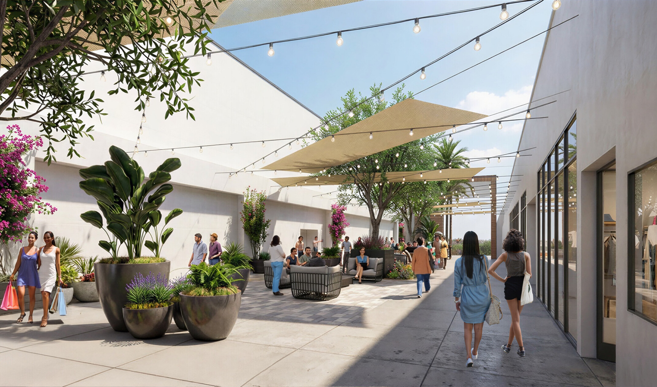 Design rendering for Grossmont Center, a new mixed-use development in California; palm trees fill courtyard with varied seating; platers and storefronts
