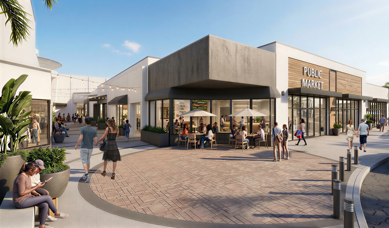 Design rendering for Grossmont Center, a new mixed-use development in California; courtyard with outdoor seating; benches and large walkways