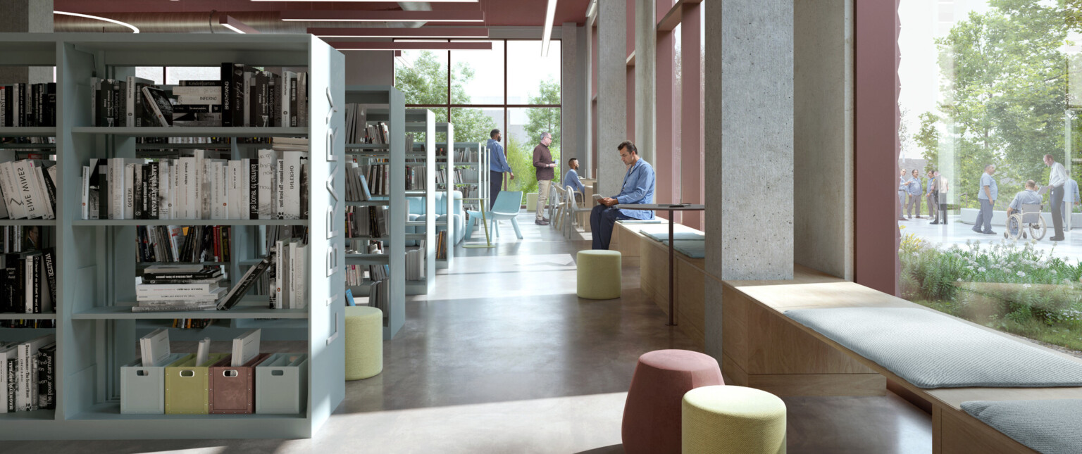Rendering of a library with large floor to ceiling windows with seating benches. Room filled with bookshelves evenly spaced with aisles in between.