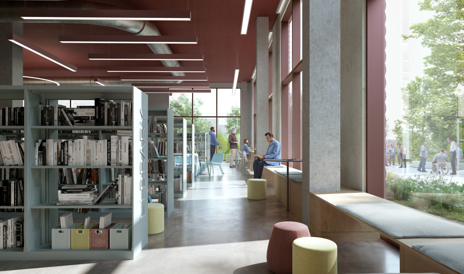 Rendering of a library with large floor to ceiling windows with seating benches. Room filled with bookshelves evenly spaced with aisles in between.