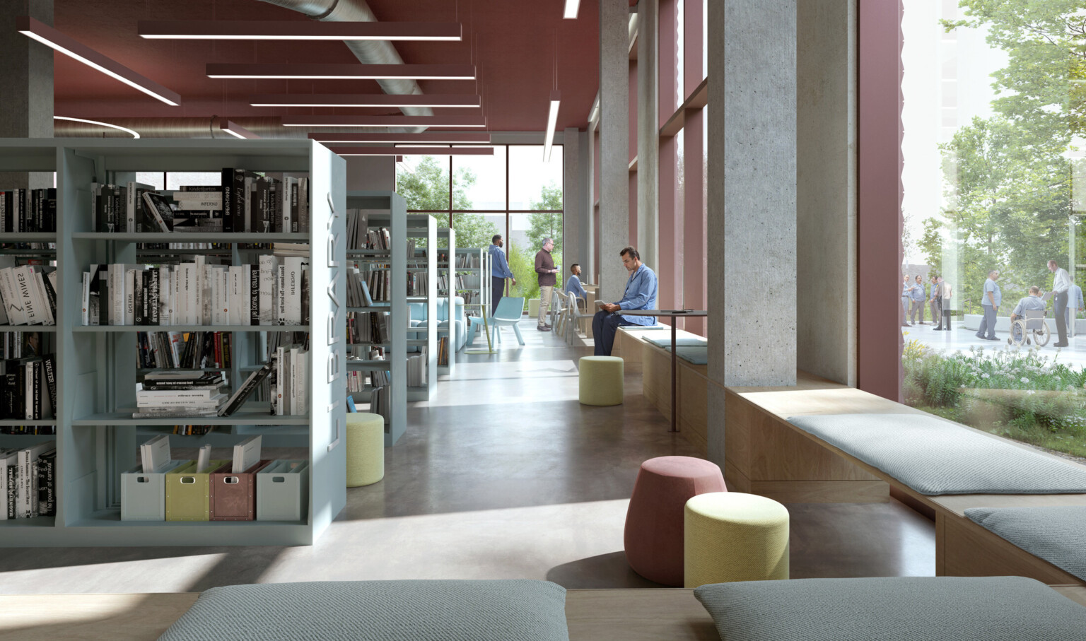 Rendering of a library with large floor to ceiling windows with seating benches. Room filled with bookshelves evenly spaced with aisles in between.