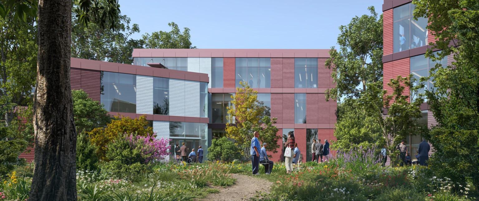 Rendering of a multistory building filled with large rectangular windows surrounded by trees and lush landscaping