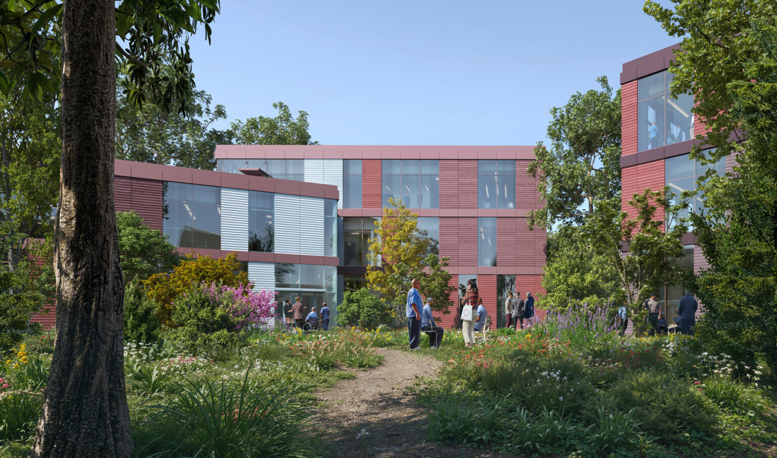 Rendering of a multistory building filled with large rectangular windows surrounded by trees and lush landscaping