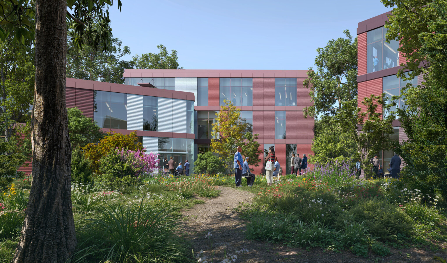 Rendering of a multistory building filled with large rectangular windows surrounded by trees and lush landscaping