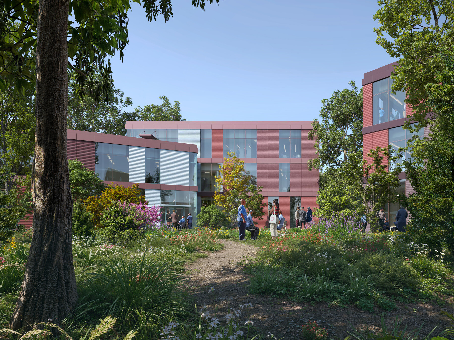 Rendering of a multistory building filled with large rectangular windows surrounded by trees and lush landscaping. Image by Aesthetica