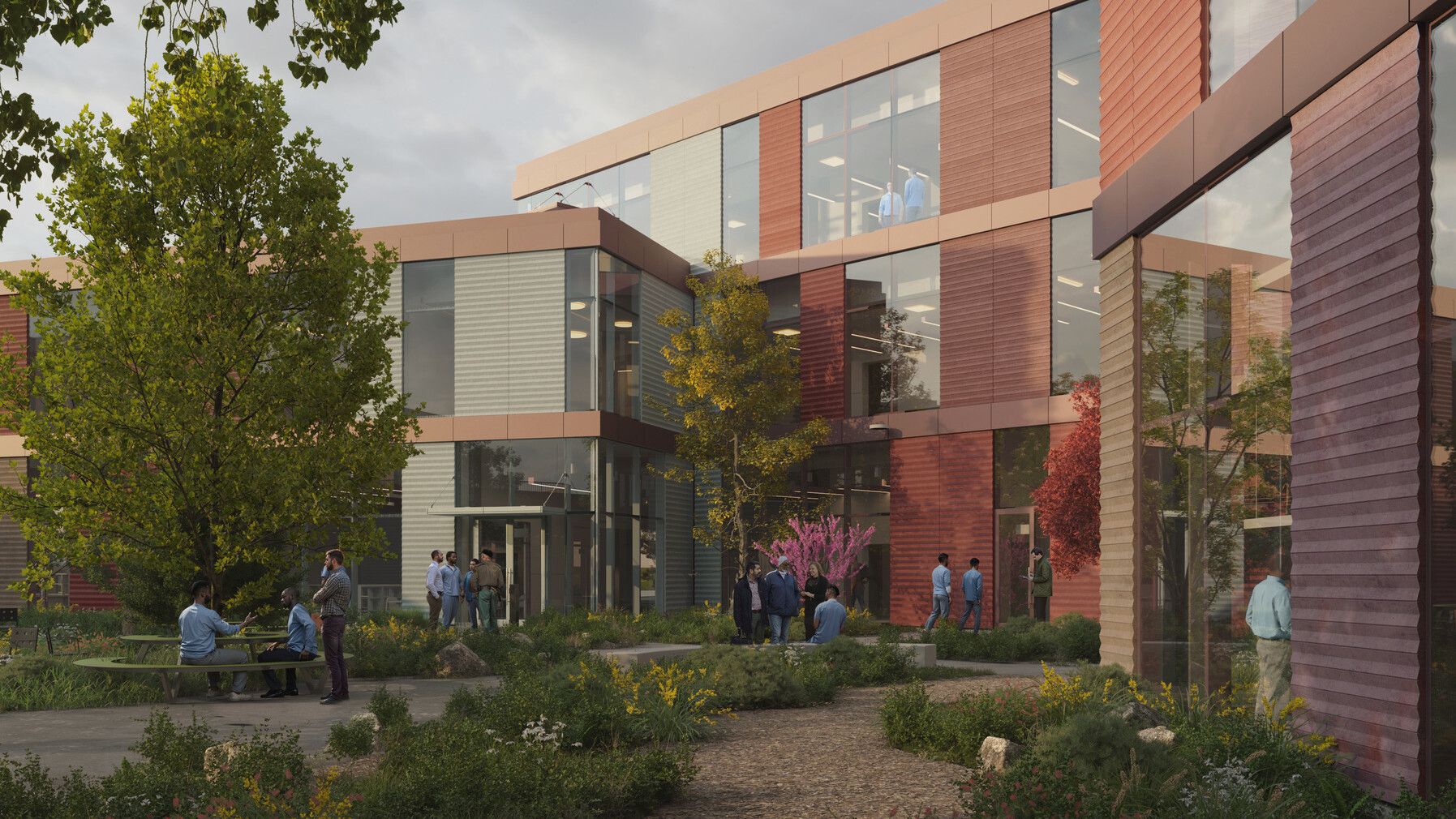 Rendering of a multistory building filled with large rectangular windows surrounded by trees and lush landscaping