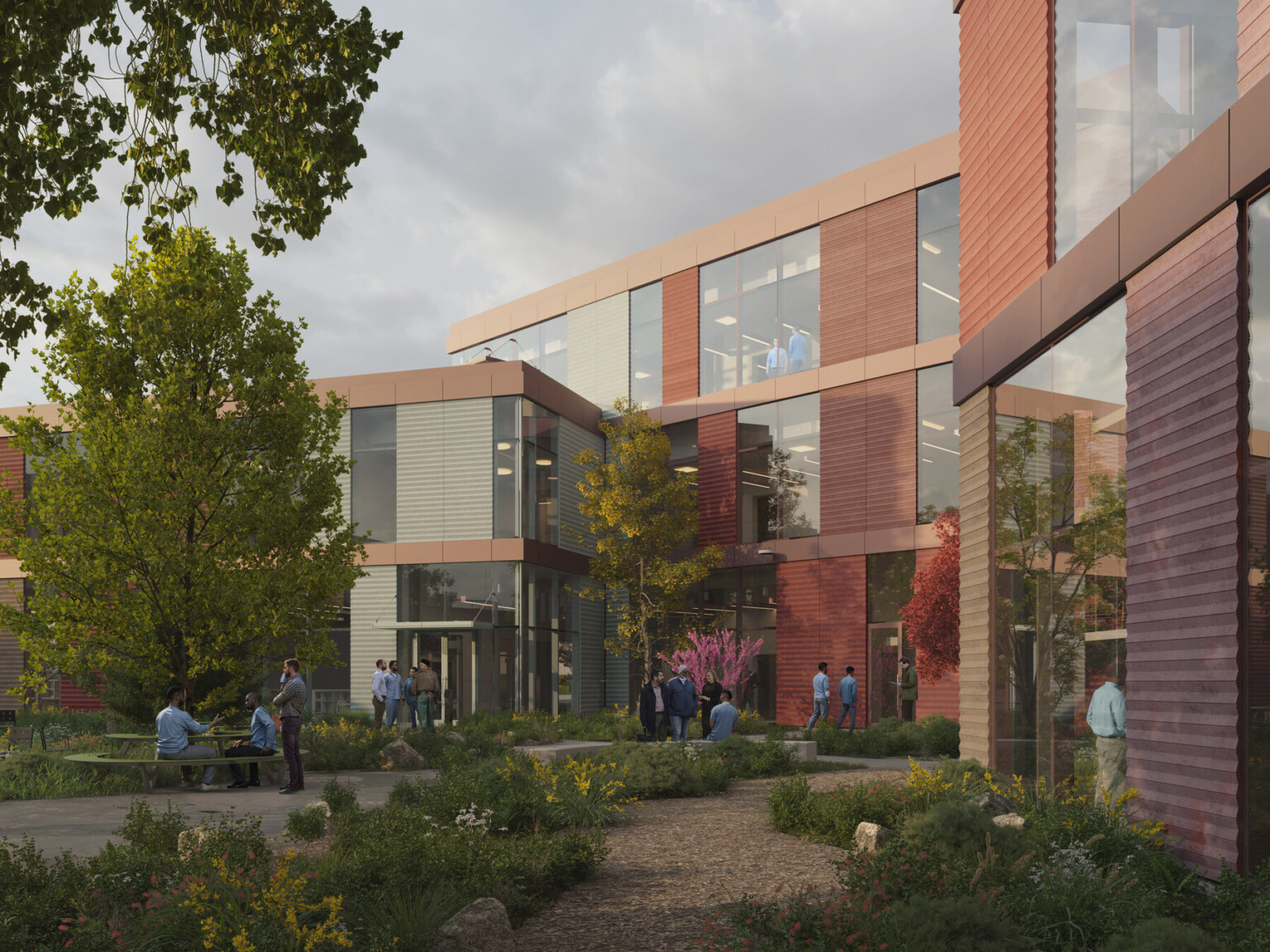 Rendering of a multistory building filled with large rectangular windows surrounded by trees and lush landscaping