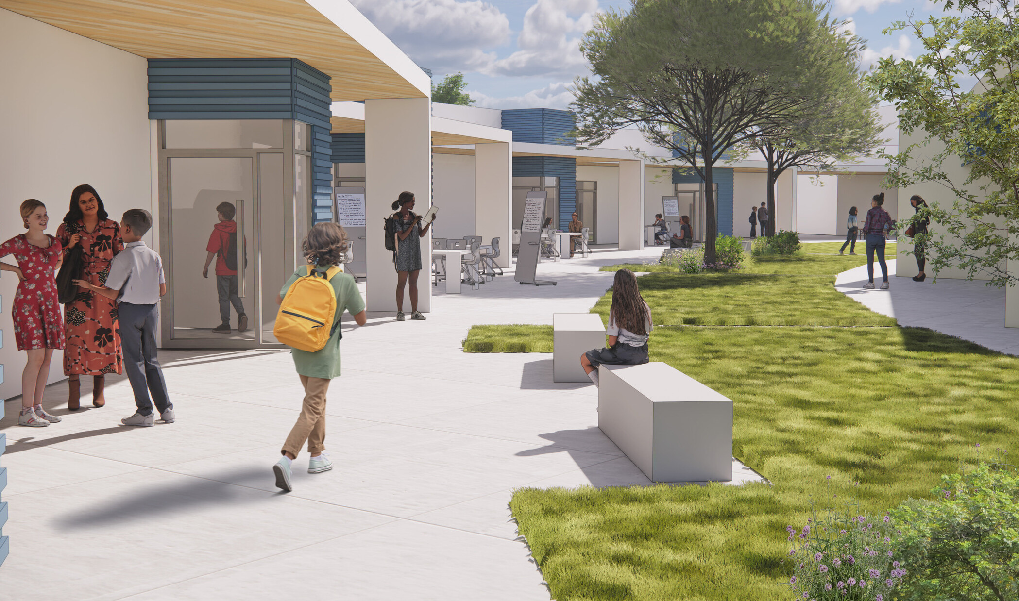 Rendering of Neutra Elementary School courtyard with students and faculty moving through entryways and pathways connecting indoor and outdoor spaces.