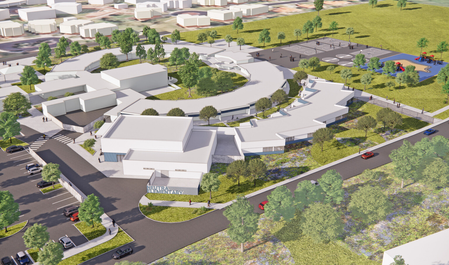Aerial rendering of Neutra Elementary School on Lemoore Naval Air Station, showing landscaped grounds, a central courtyard, playground, and basketball court.