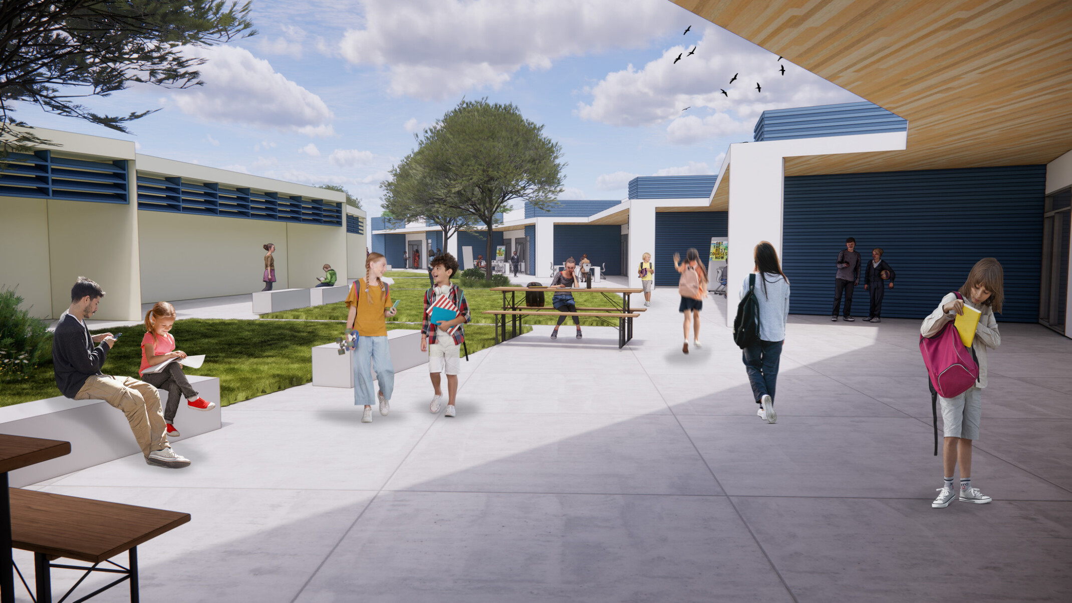 Architectural rendering of Neutra Elementary School’s outdoor courtyard; viewed from beneath a wooden overhang; children sitting and walking in courtyard