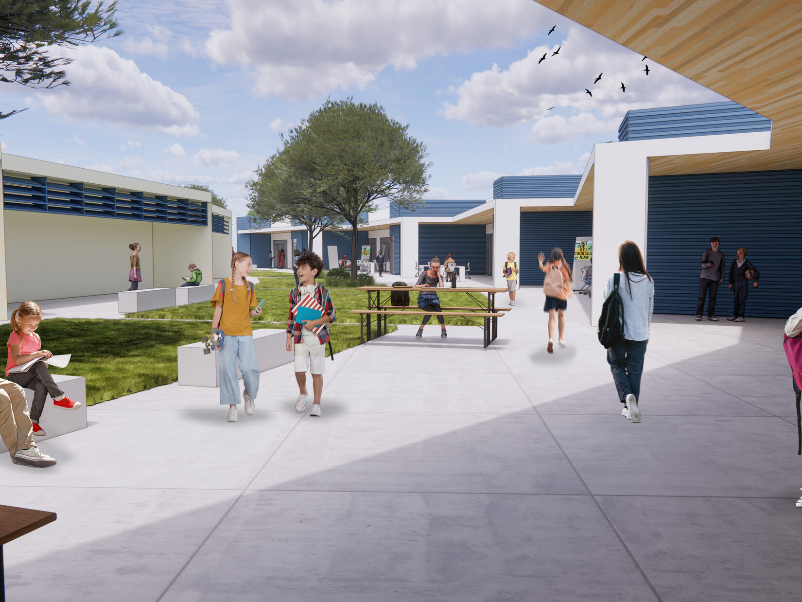 Architectural rendering of Neutra Elementary School’s outdoor courtyard; viewed from beneath a wooden overhang; children sitting and walking in courtyard