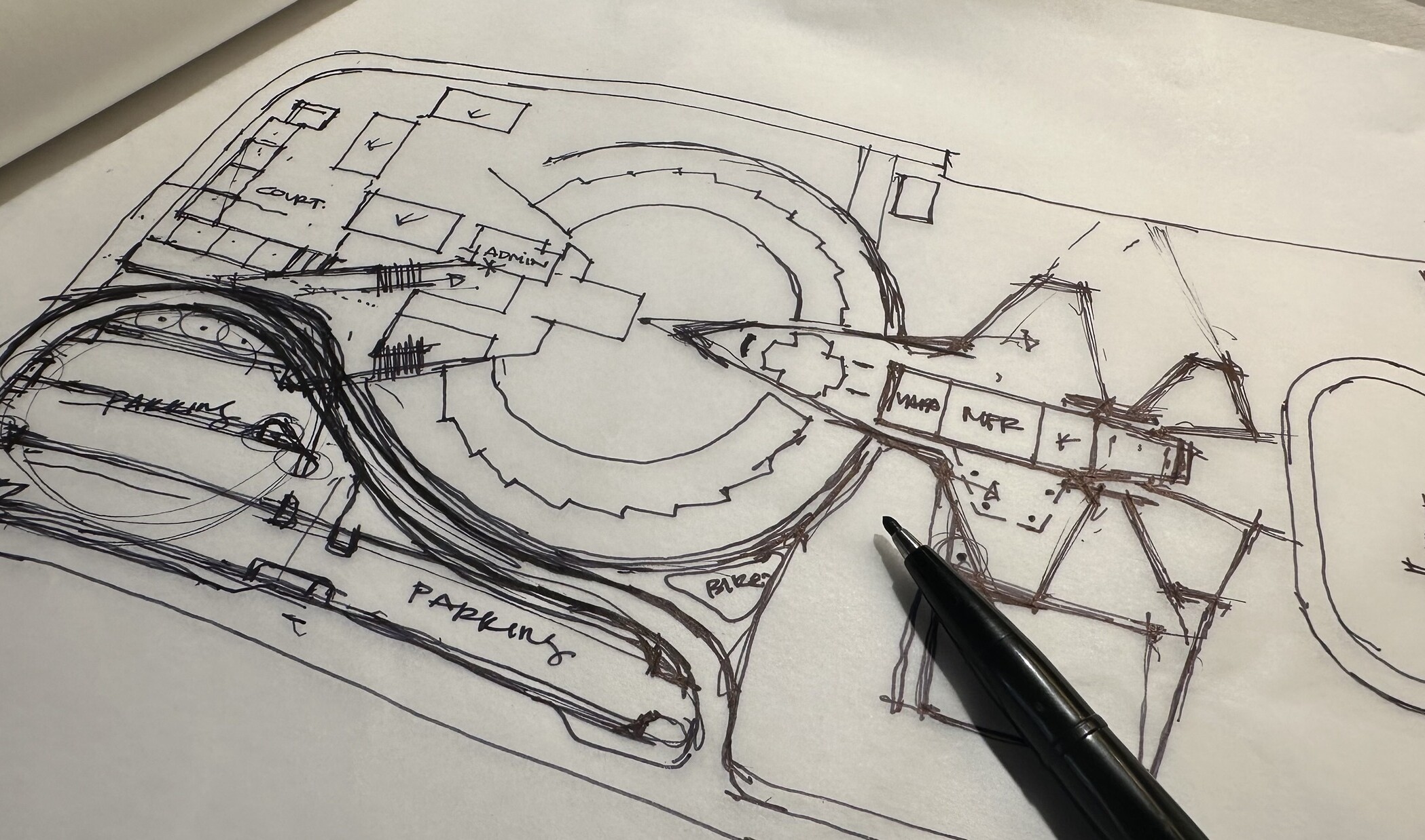 Hand-drawn sketch of Neutra Elementary School with an aircraft carrier-inspired entry feature.