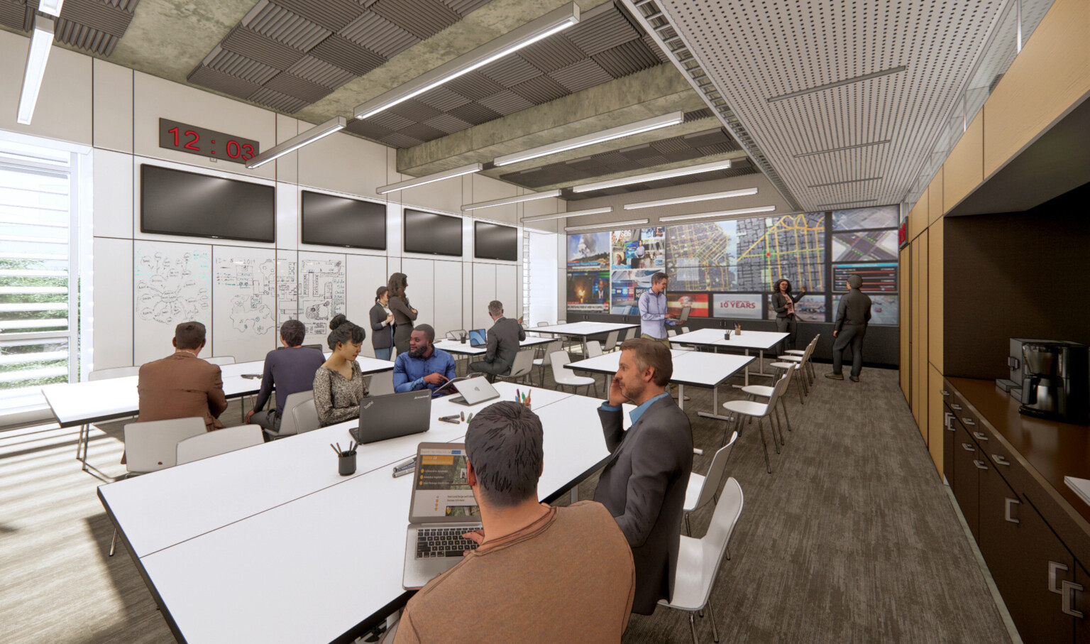 Palo Alto Public Safety Building conference room for collaborative work flexible seating and workspace, white boards on walls with large windows Palo Alto Public Safety Building conference room for collaborative work flexible seating and workspace, white boards on walls with large windows