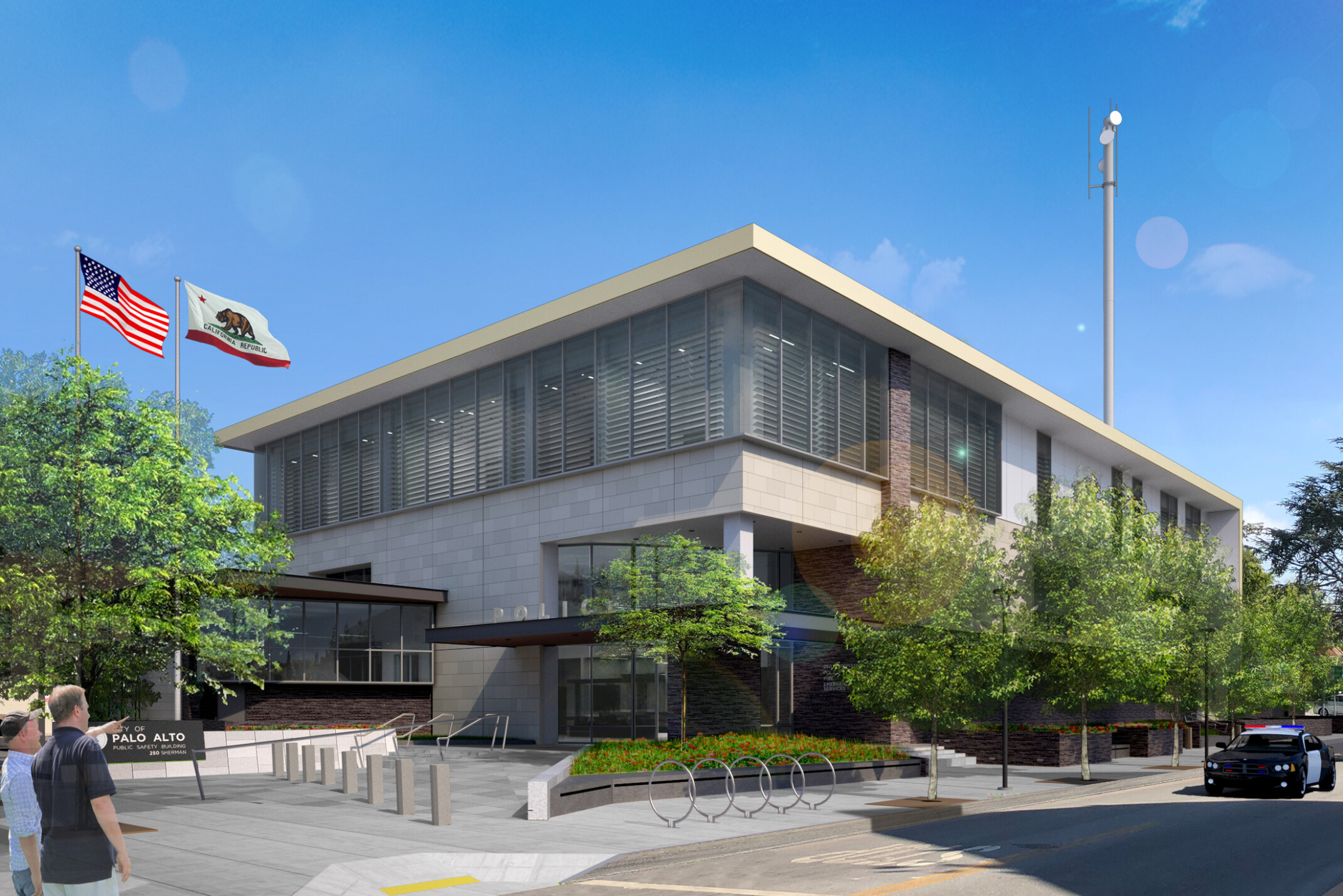 Palo Alto Public Safety Building canopied entrance to multi story light stone building, floor to ceiling windows on second floor, wrapped facade Palo Alto Public Safety Building canopied entrance to multi story light stone building, floor to ceiling windows on second floor, wrapped facade