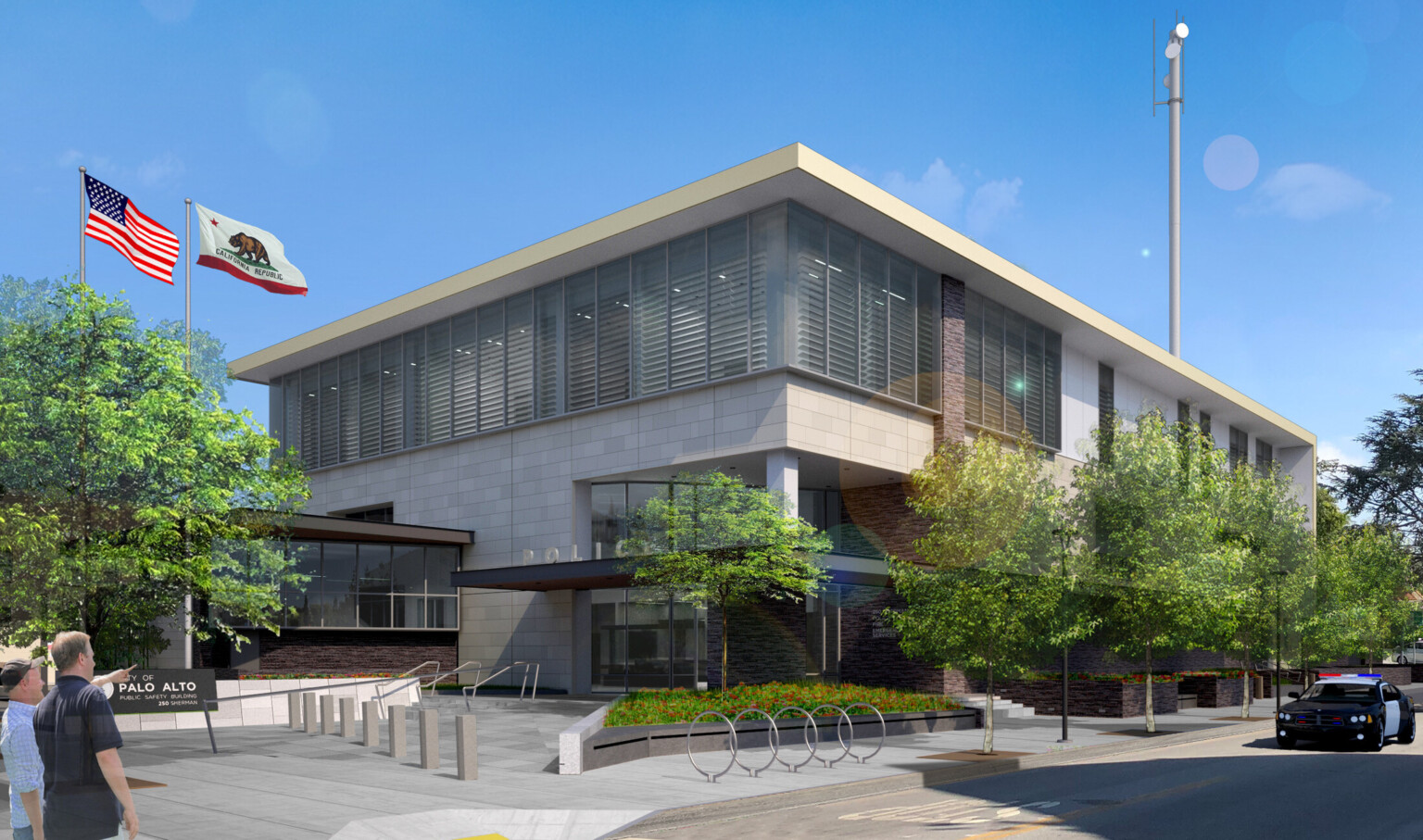 Palo Alto Public Safety Building canopied entrance to multi story light stone building, floor to ceiling windows on second floor, wrapped facade Palo Alto Public Safety Building canopied entrance to multi story light stone building, floor to ceiling windows on second floor, wrapped facade