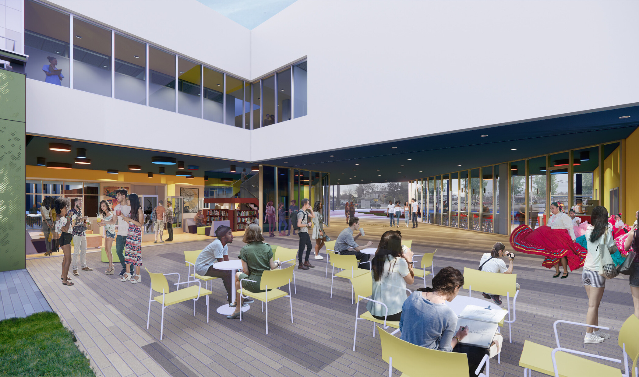 The Stack’s courtyard opens into the café, featuring tables and chairs where patrons sit and co-mingle.