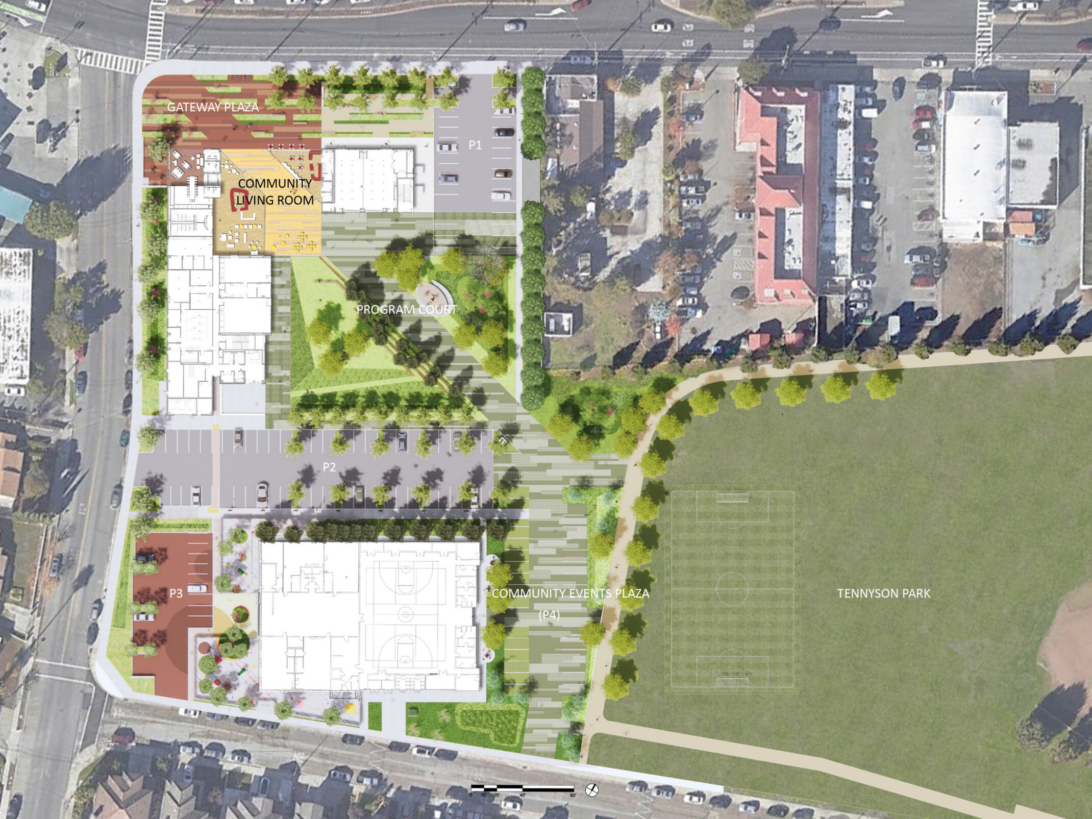 aerial imaging of a community space that takes up a full city block; areas labeled tennyson park; community events plaza; gateway plaza; community living room; program court