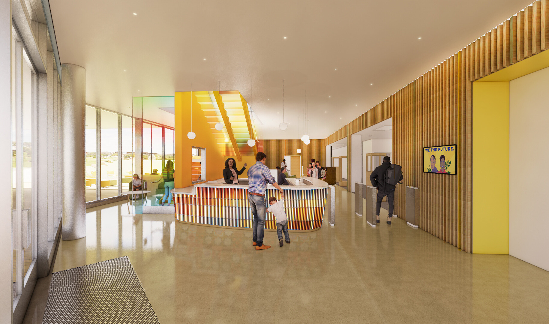 The welcome lobby features a multi-colored reception desk, floor to ceiling windows overlooking the grand paseo, and seating areas.