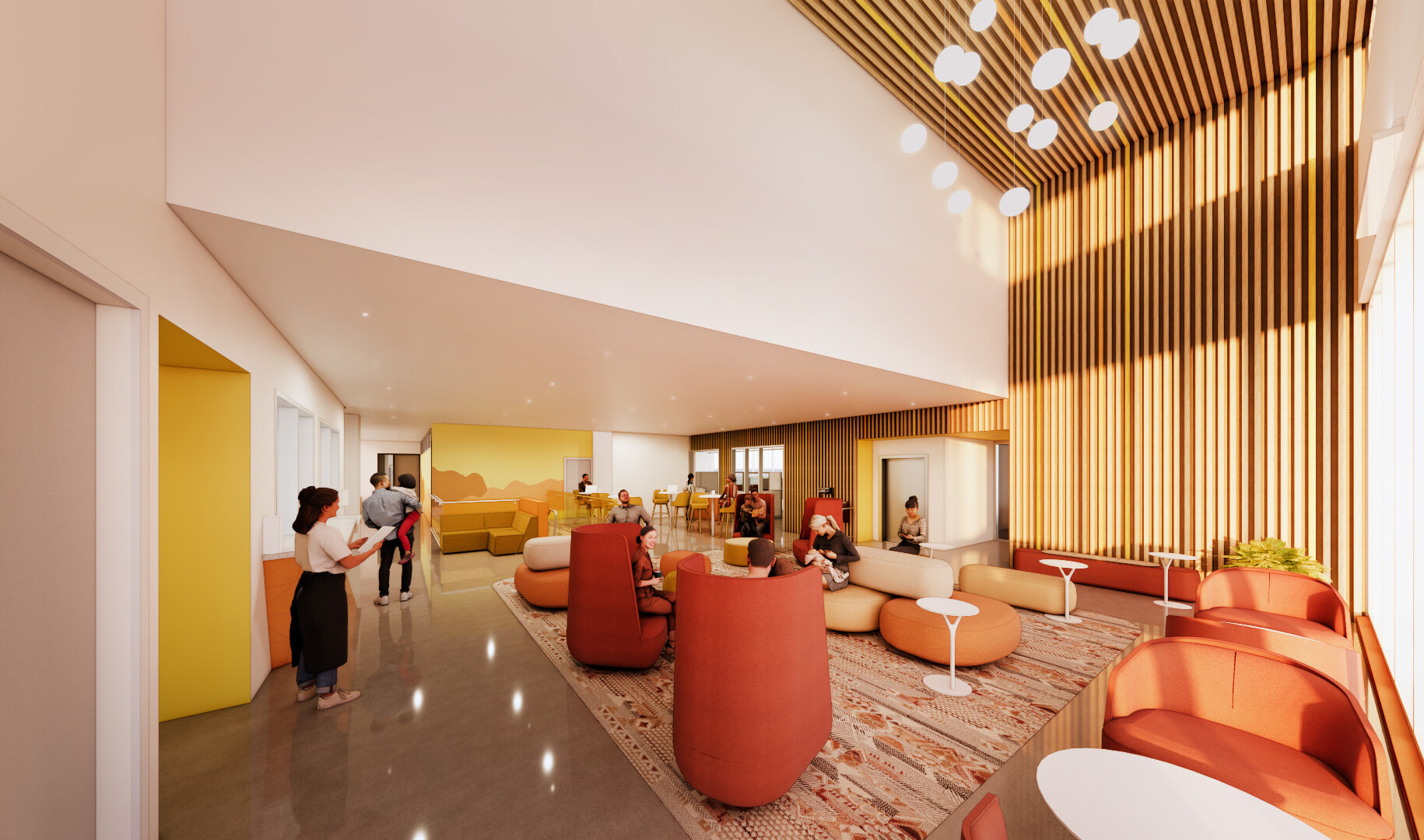 A warmly colored seating area features high ceilings, a wooden slat accent wall, and various couches, chairs, and work areas.