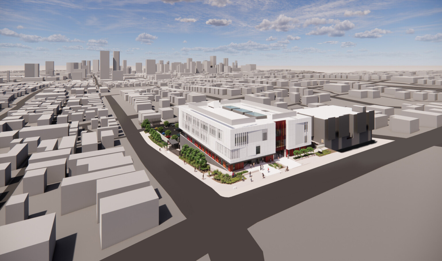 architectural rendering of a modern high school; white, red and gray modern recessed rectangular building with large windows against midday sky