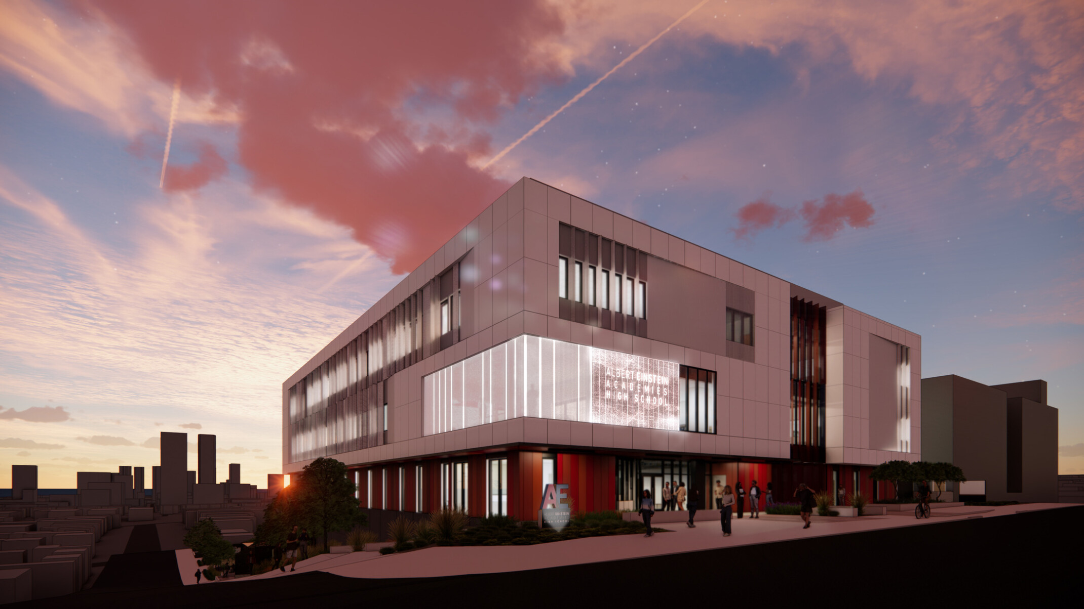 architectural rendering of a modern high school; modern recessed cube building with large windows against a dusky sky