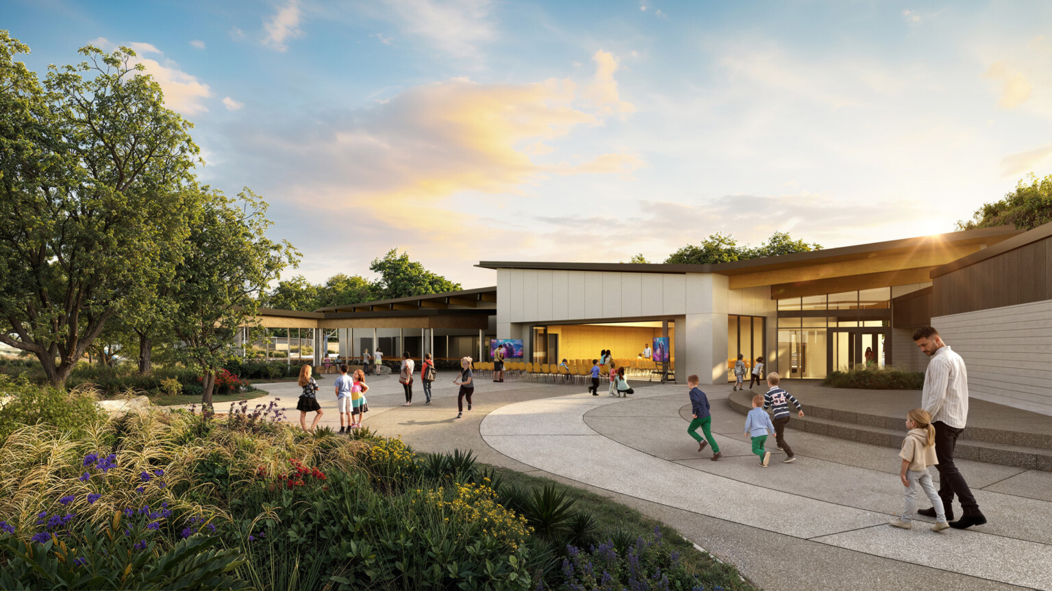 exterior architectural rendering of Paul Ecke central elementary school; sustainable landscape, garden concept, courtyard, outdoor learning