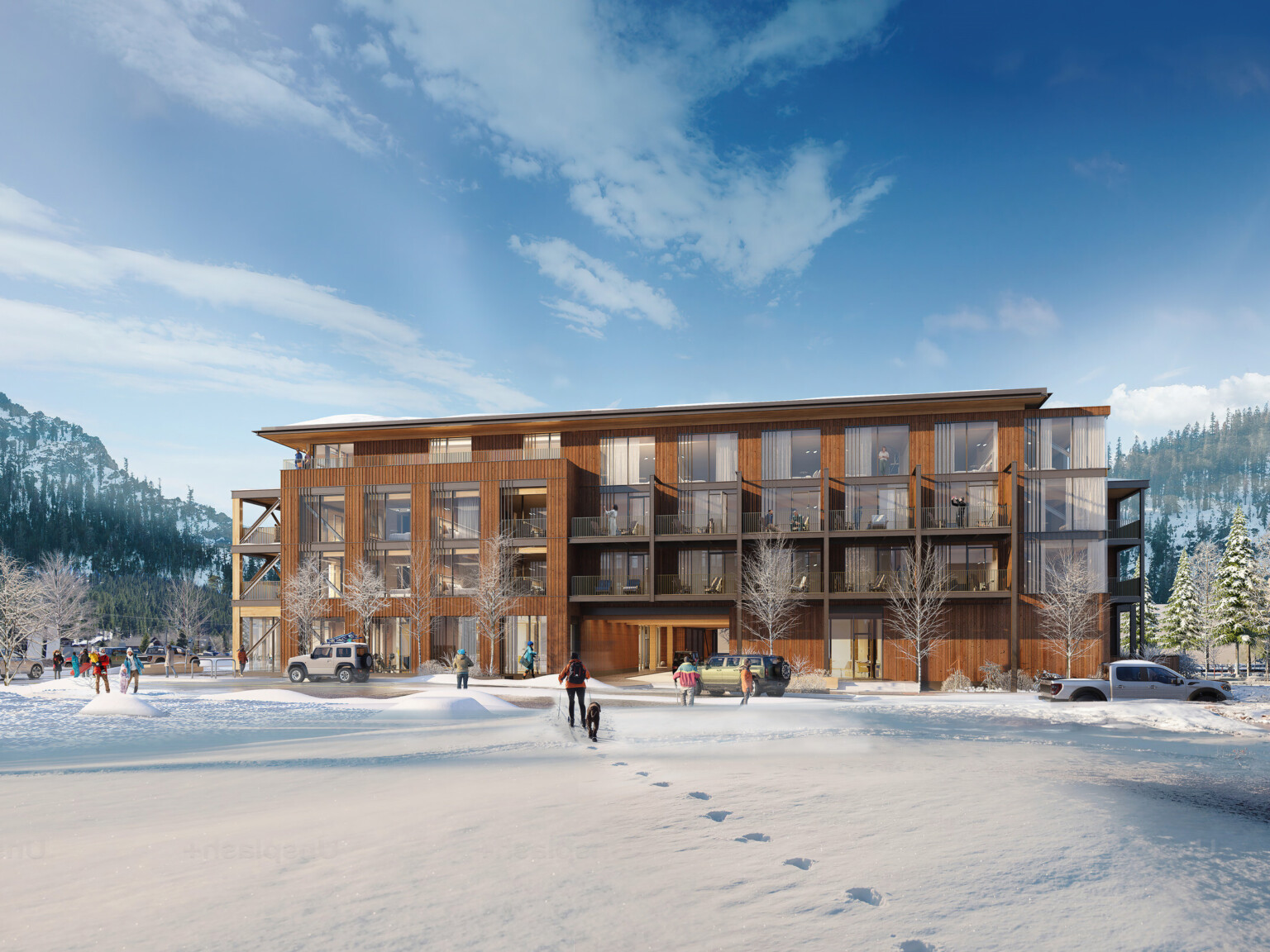 architectural rendering of Common Pine mass timber hotel in a snowy weather; three floor timber building with large windows along the front facade