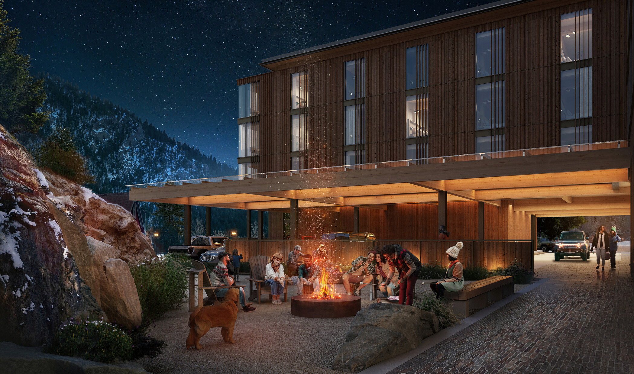 architectural rendering of Common Pine mass timber hotel in a snowy weather; three floor timber building with rendered people around a campfire behind the hotel