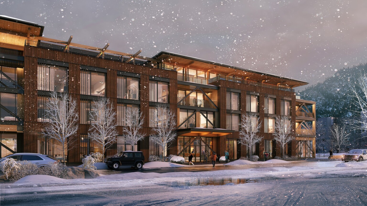 architectural rendering of Common Pine mass timber hotel in a snowy weather; three floor timber building with large windows along the front facade